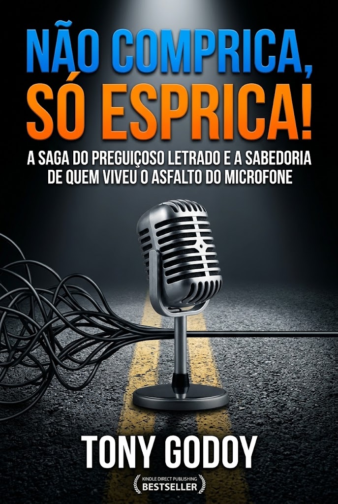 Capa do e-book Não Comprica, Só Esprica!, de Tony Godoy: microfone vintage sobre o asfalto
